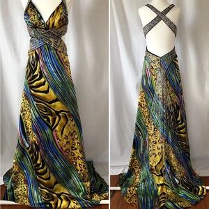 Cache Elegant Multicolor Animal Print Formal Dress Gown